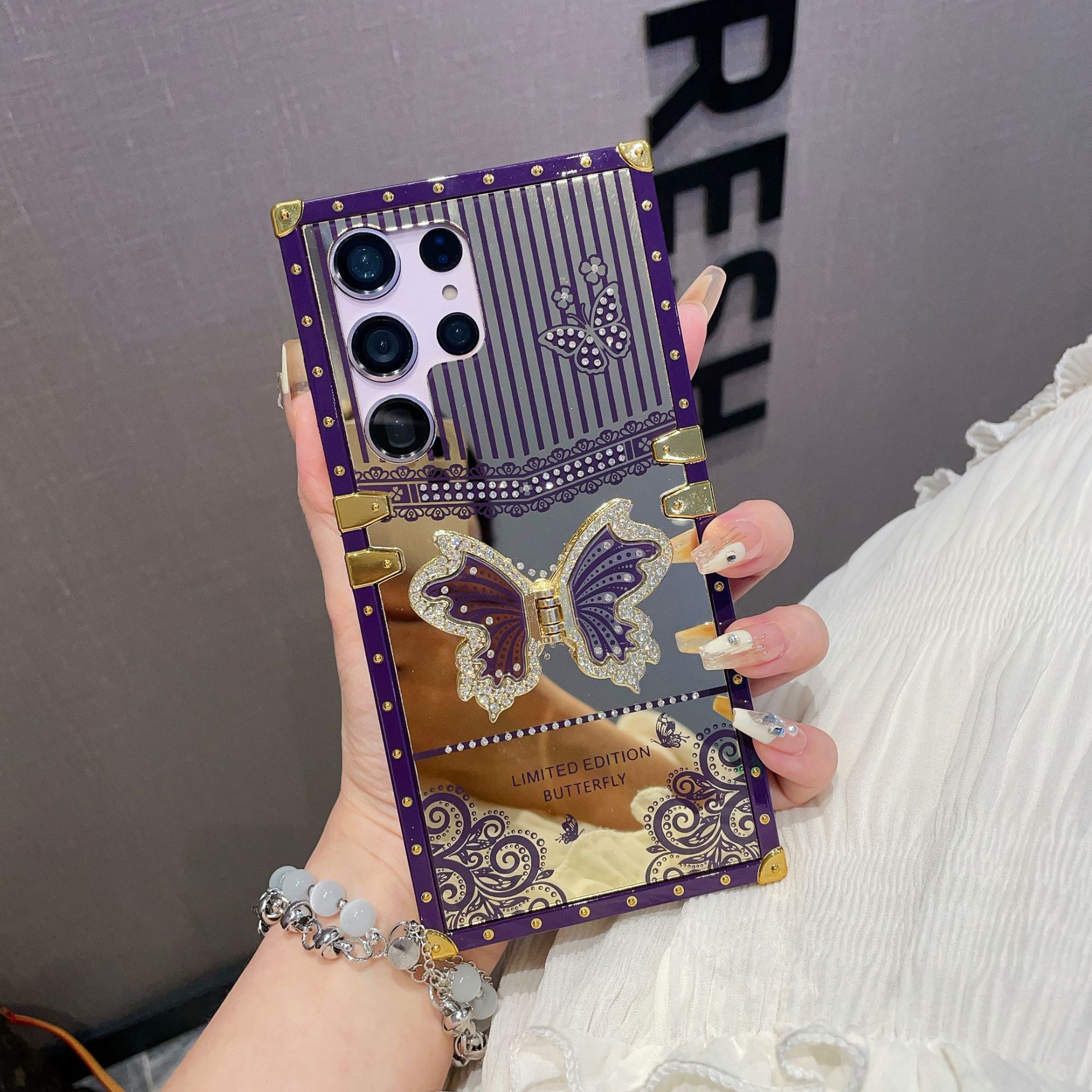 Luxury 3D Bling Diamond Butterfly Square Case Stand TPU Metal Corner Plating Mirror For Samsung S25 Ultra S24 FE S23 Plus S22 S21 A05 A05S A06 A16 A26
