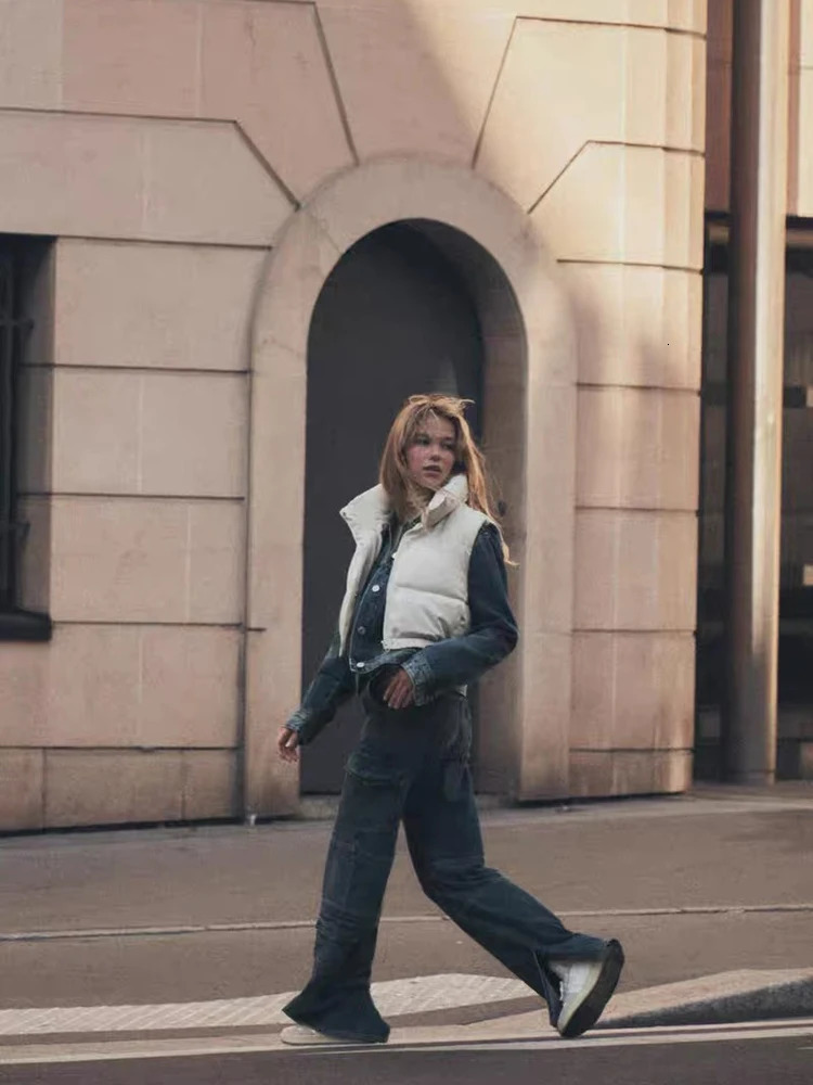 2024 Winter Autumn Cropped Vest with High Collar Front Hidden In seam Pockets Elastic Hem Zip and Snap Button Closure 231020