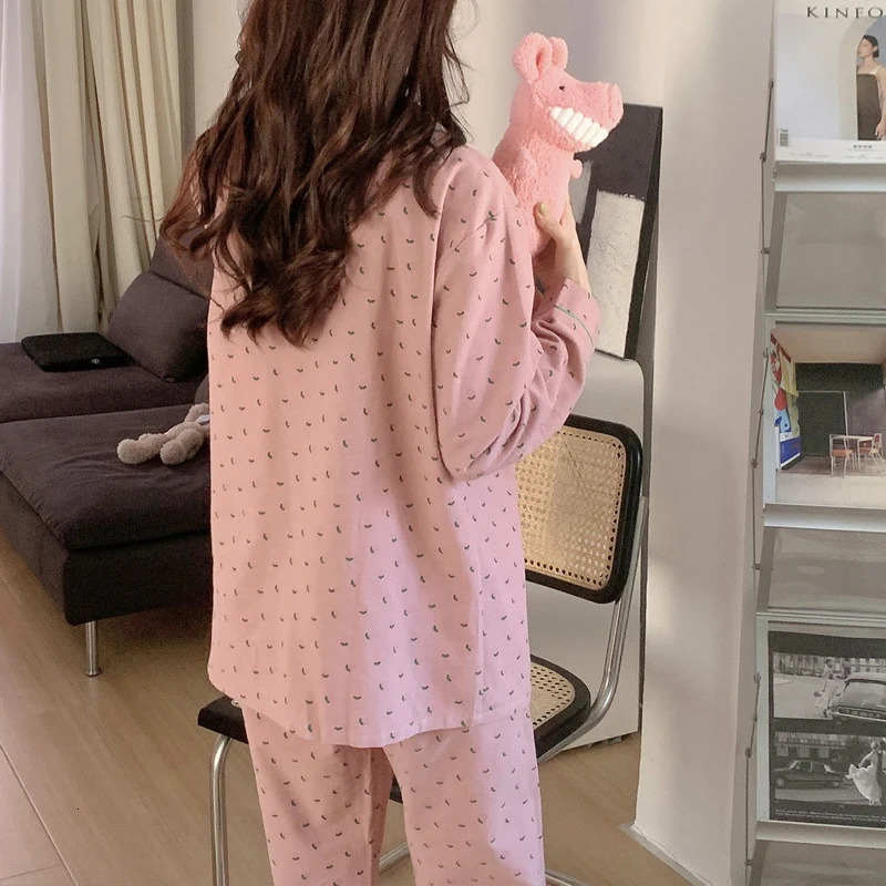 Women's Sleepwear Cotton Sleepwear Korean Pajamas Women Autumn Cute Heart Print Pyjamas Long Sleeve Pijama Female Set Negligee Cardigan Suit 2312