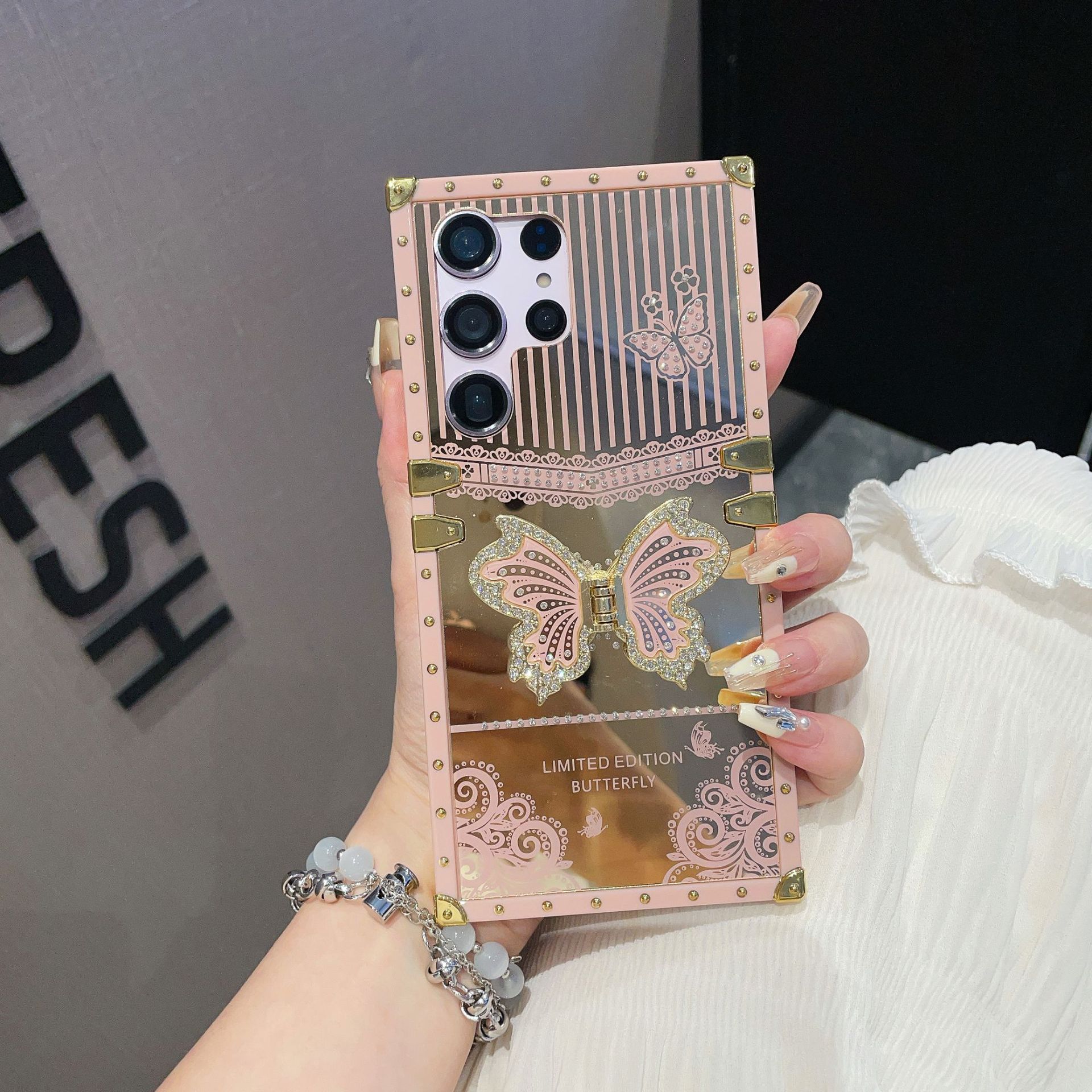 Luxury 3D Bling Diamond Butterfly Square Case Stand TPU Metal Corner Plating Mirror For Samsung S25 Ultra S24 FE S23 Plus S22 S21 A05 A05S A06 A16 A26