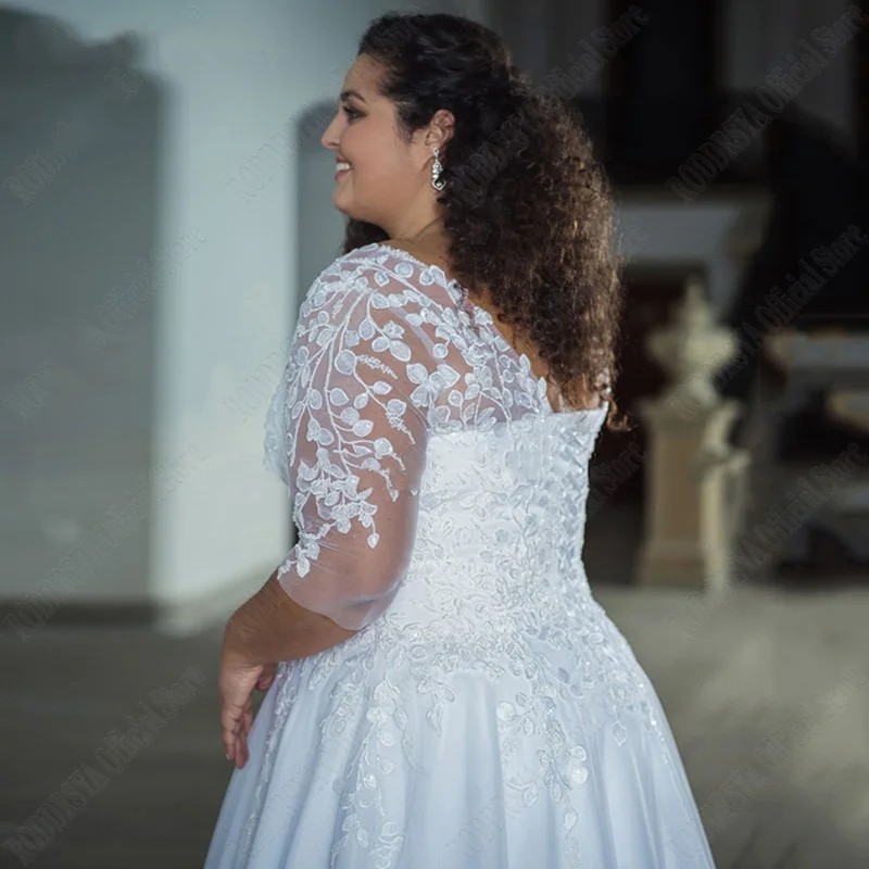 Plus Size A-Line Wedding Dress Women 2024 V-Neck 3/4 Sleeves Lace Appliques Tulle Bridal Bride Gown Boho Vestido De Novia