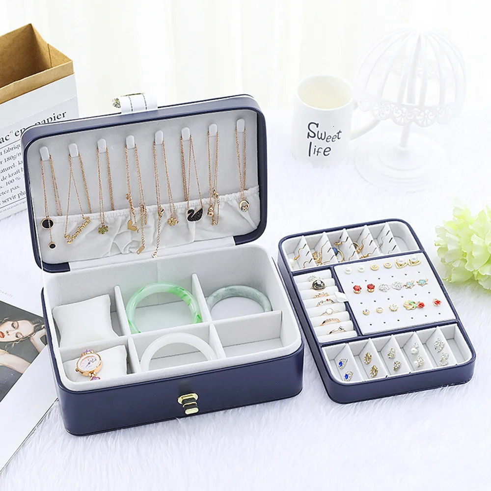 Jewelry Boxes Double Layer Jewelry Organizer Display Travel Jewelry Case Portable Leather Earring Necklace Ring Bracelet Storage Packaging Box 231219