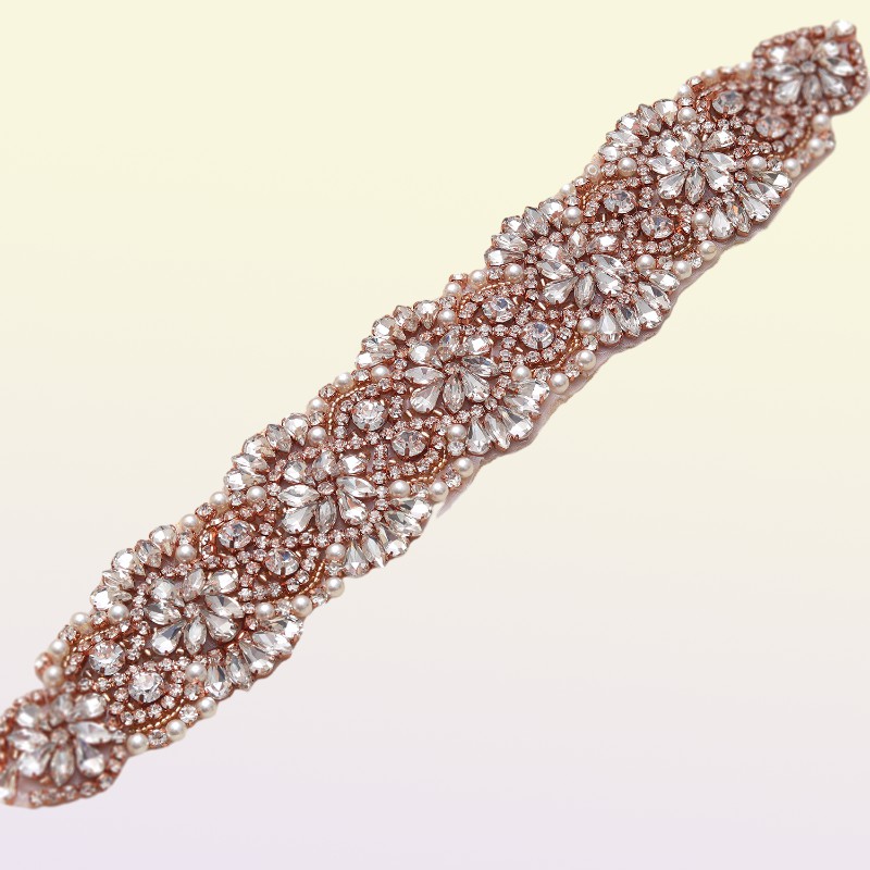 MissRDress Feminine Rose Gold Wedding Dress Belt Crystal Jeweled Ribbon Rhinestones Wedding Belt For Wedding Dresses YS832