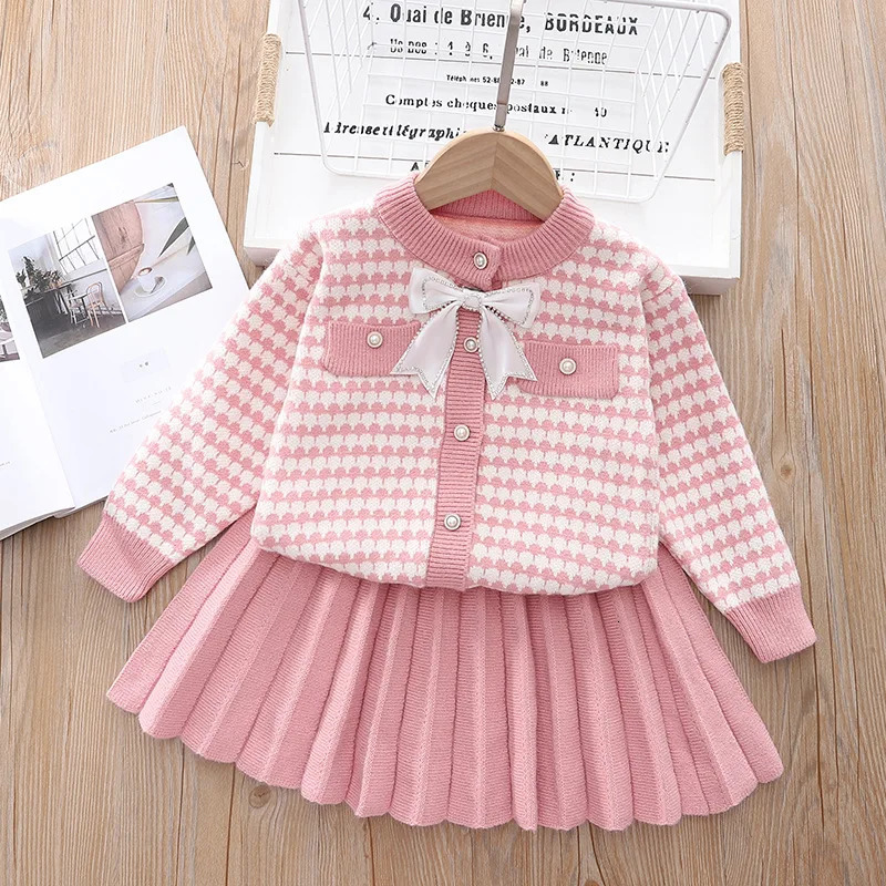 Clothing Sets Girls Winter Clothes Set Plaid Knitted Cardigan and Skirt Clothing Autumn Pink Sweater with Bow Outfits for Kids Girl's Clothes 231