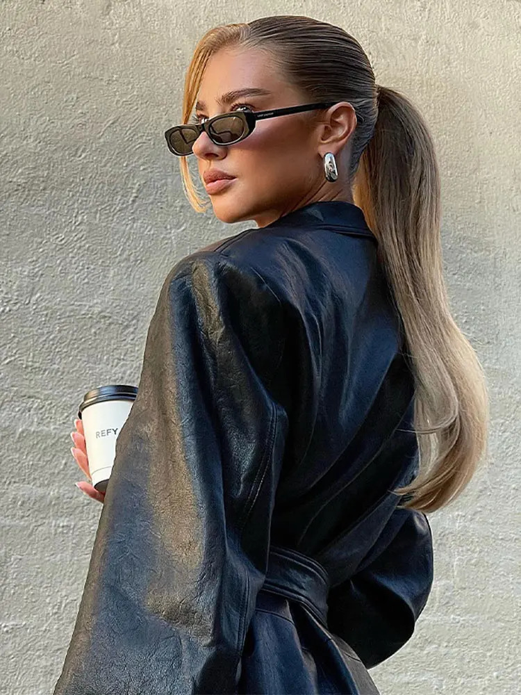 Women s Suits Blazer Fashion Lace Up Leather Long Jackets Autumn Winter Oversize Lapel Sleeve Street Coats 2023 Loose Lady PU Overcoats 231219