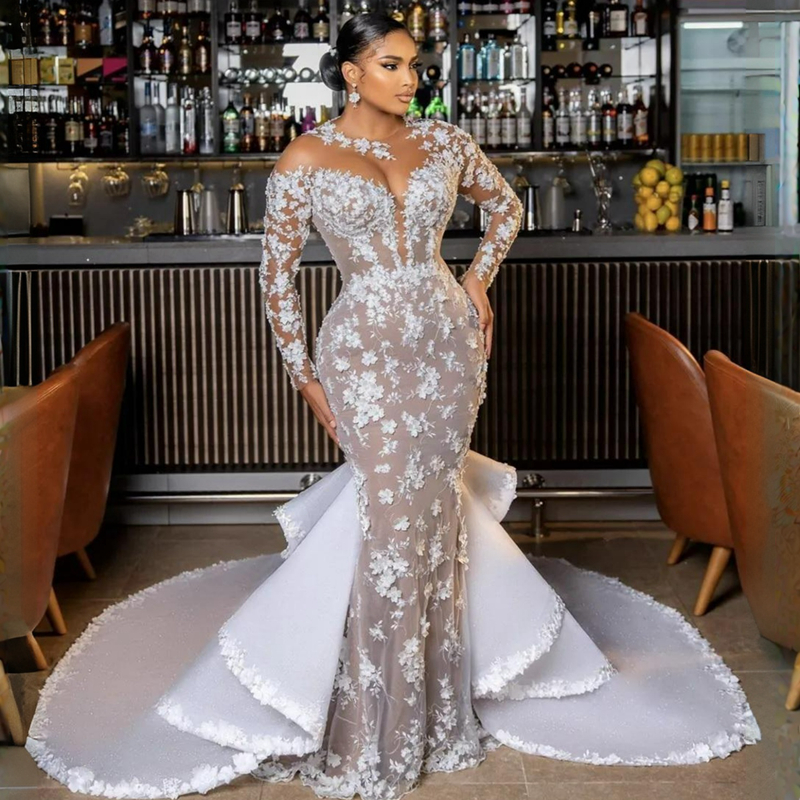 Size Aso Plus Ebi Wedding Dresses Mermaid Elegant Long Sleeves Sheer Neck Lace Beaded Dress For African Black Women With Detachable Train Bridal Gowns