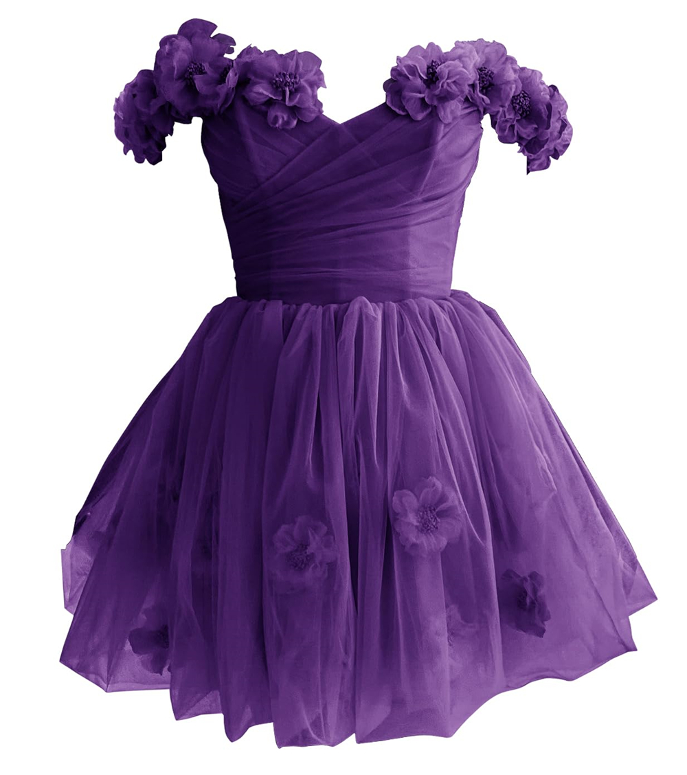 Off The Shoulder Tulle Short Homecoming Dresses Flowers A Line Cocktail Formal Occasion Cocktail Prom Party Graudation Gowns HD1028