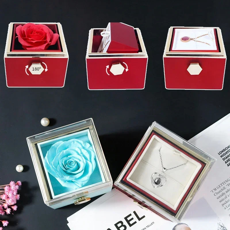 Jewelry Boxes Customized Eternal Rose Acrylic Jewelry Rotating Flower Gift Box Wedding Ring Box Necklace Storage Box For Girlfriend 231219