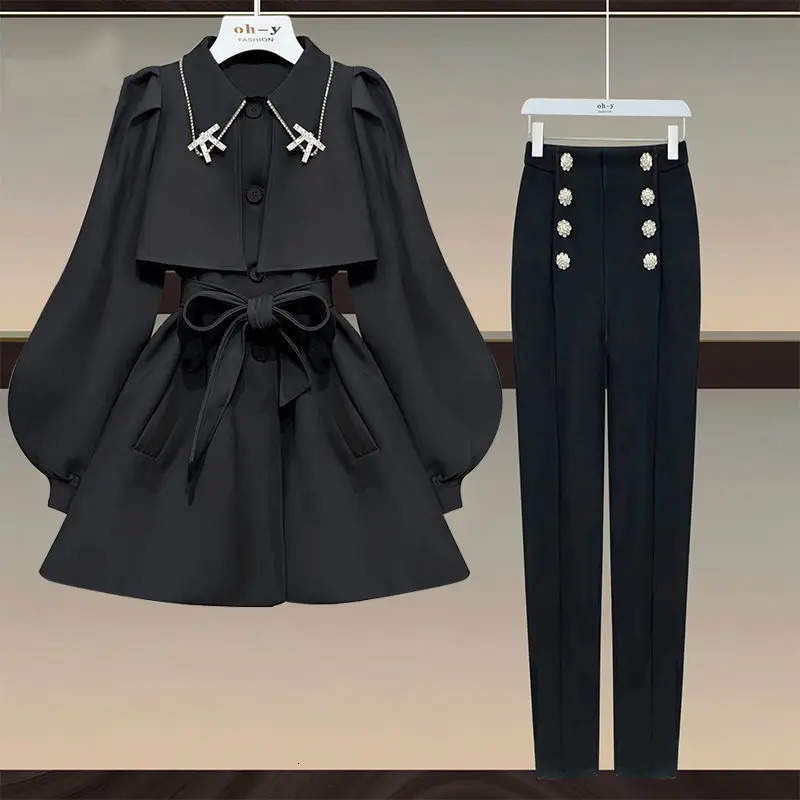 2023 Spring Belt Decoration Slim Fit Jacket Blazer Button Pencil Pants Two Piece Elegant Women's Set Office Outfits 231220