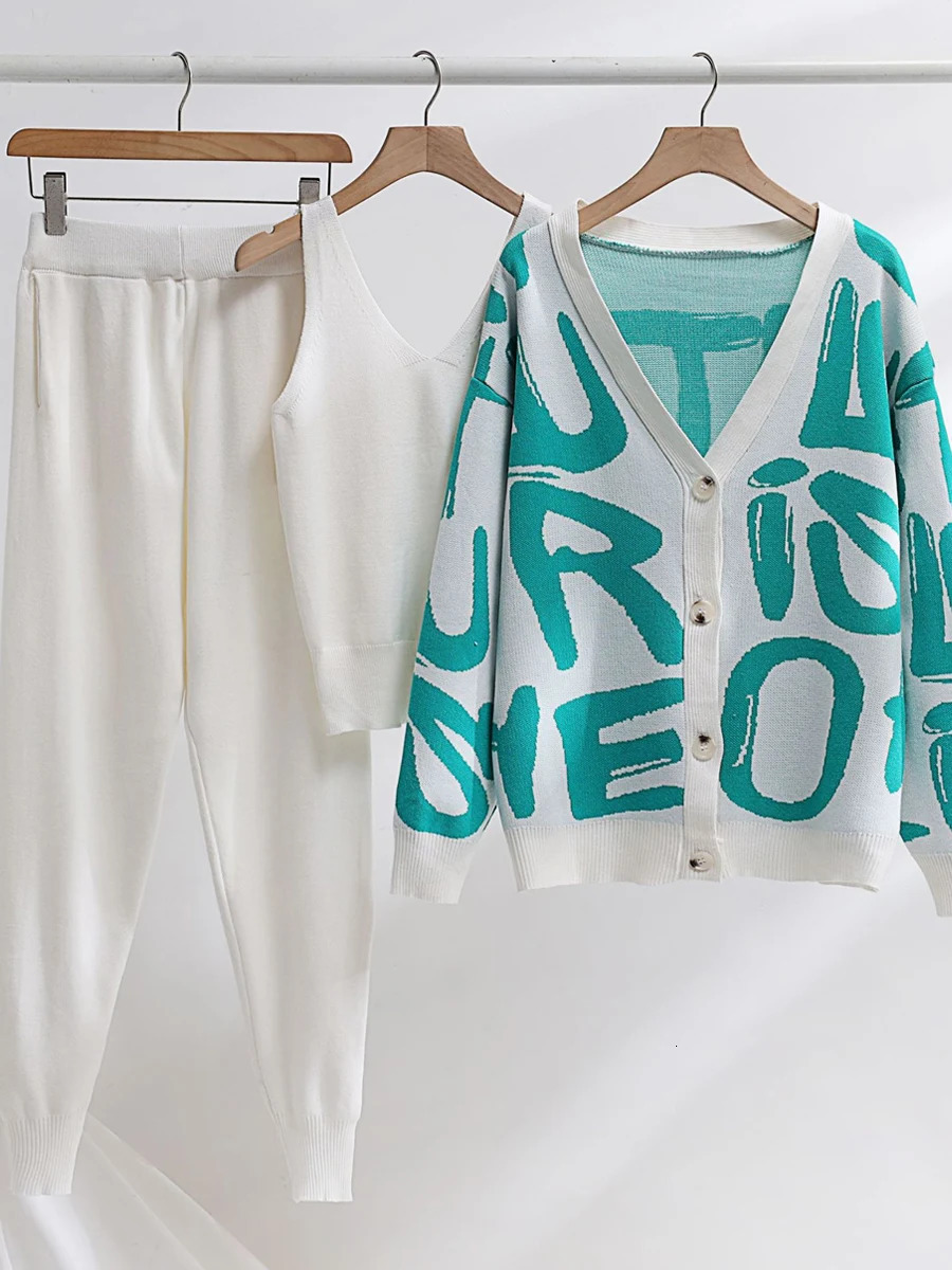 Women's Warm Tracksuit with Print Knitted Trousers Suit Button Up Oversize Cardigan Thick Two Piece Pants Set for Women Jumpsuit 231220