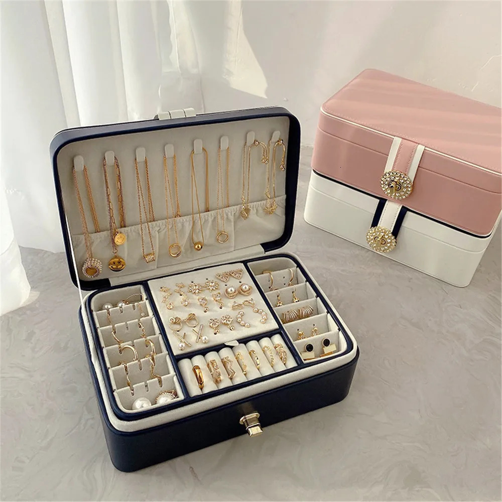 Jewelry Boxes Double Layer Jewelry Organizer Display Travel Jewelry Case Portable Leather Earring Necklace Ring Bracelet Storage Packaging Box 231219