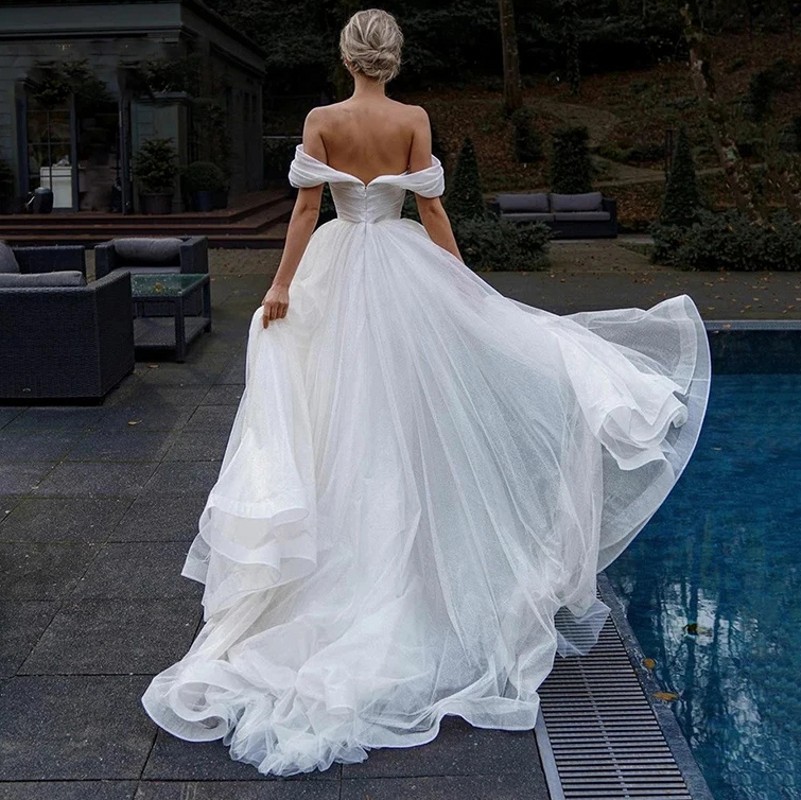 Glitter A-Line Wedding Dress Women 2024 Off Shoulder Pleats Sweep Train Tulle Bridal Bride Gown Vestido De Novia