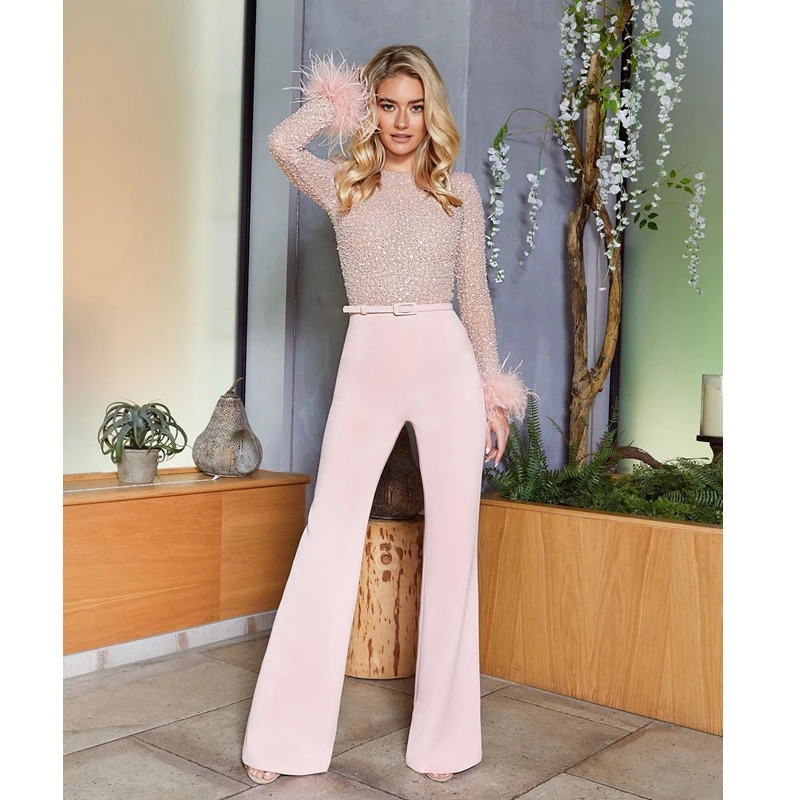 Basic Casual Dresses Elegant White Jumpsuit Women Slim Fit Straight Sequins Feather Stitching Long Sleeves Sexy Bodycon 231219
