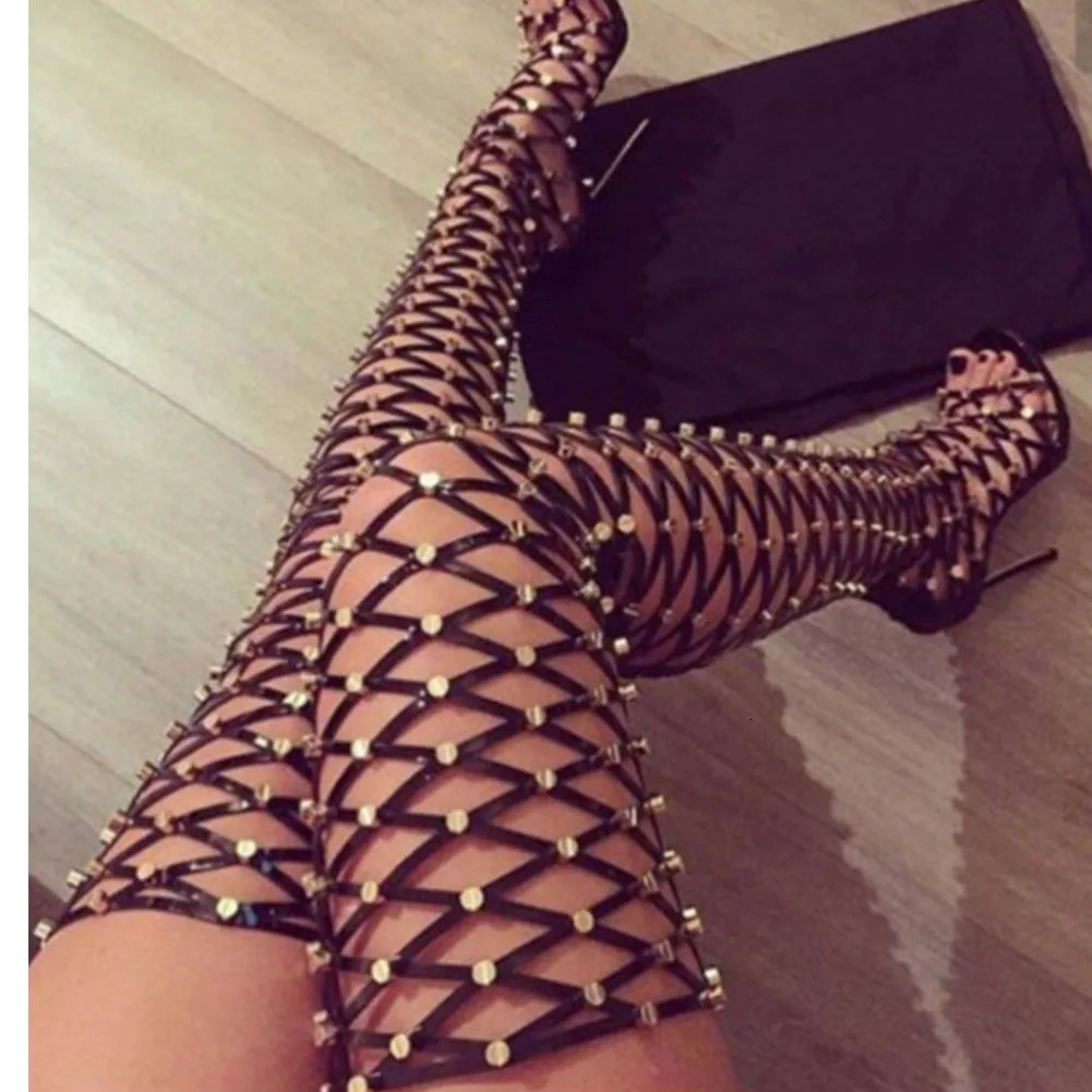 Boots Fashion Spring Summer Over The Knee Boots High Thin Heels Good Quality Sexy Fishing Net Woman Party Lace Up Shoes 231219