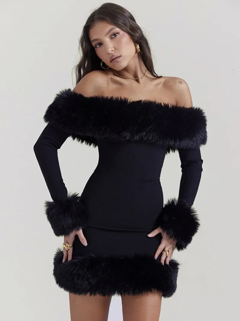 Off The Shoulder Bodycon - Sleek Black Short Dress with Faux Fur Detail, Long Sleeves, Ideal for Evening Parties C260312