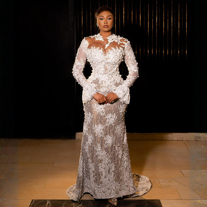 Plus Size Aso Ebi Wedding Dresses Mermaid Sheer Neck Long Sleeves Elegant Bridal Gowns African Black Women Lace Pearls Dress for Brides Illusion Gown 