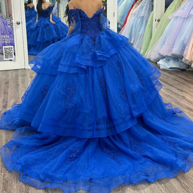 Blue Shiny V-Neck Dresses Off the Shoulder Sweet 16 Gowns Applique Lace Bead Tull Vestidos 15 De Quinceanera