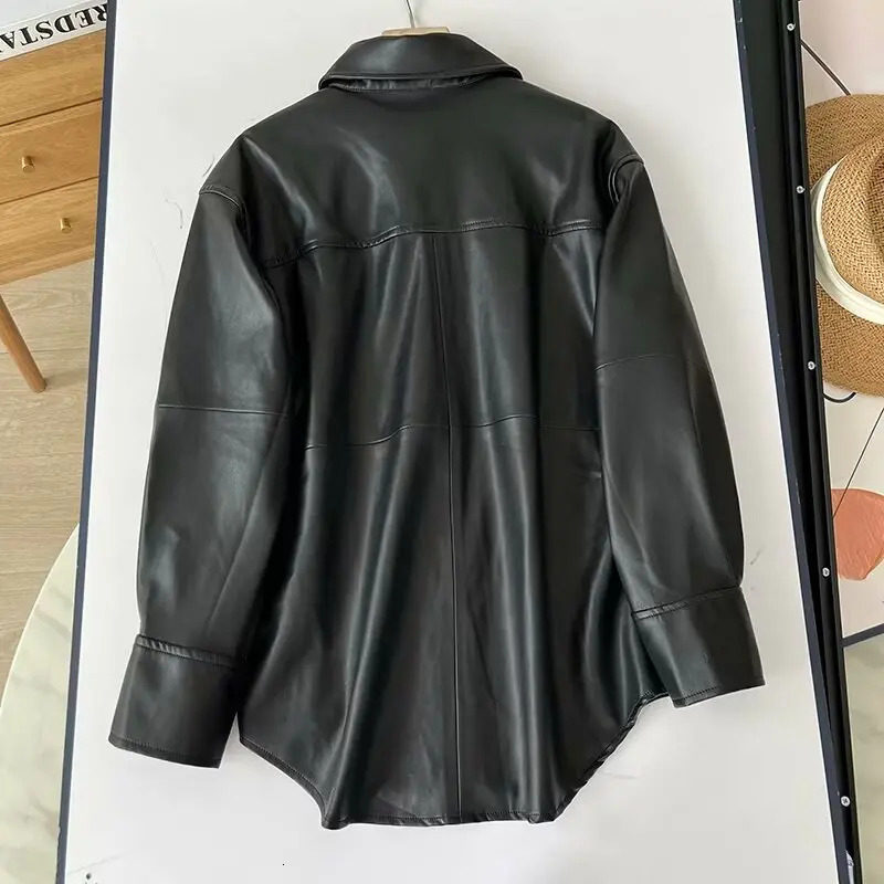 Women 2023 Autumn Fashion Casual Leather Shirt Jacket Retro Long Sleeve Chic Lar Button Stitching Top Outerwear Mujer 231220