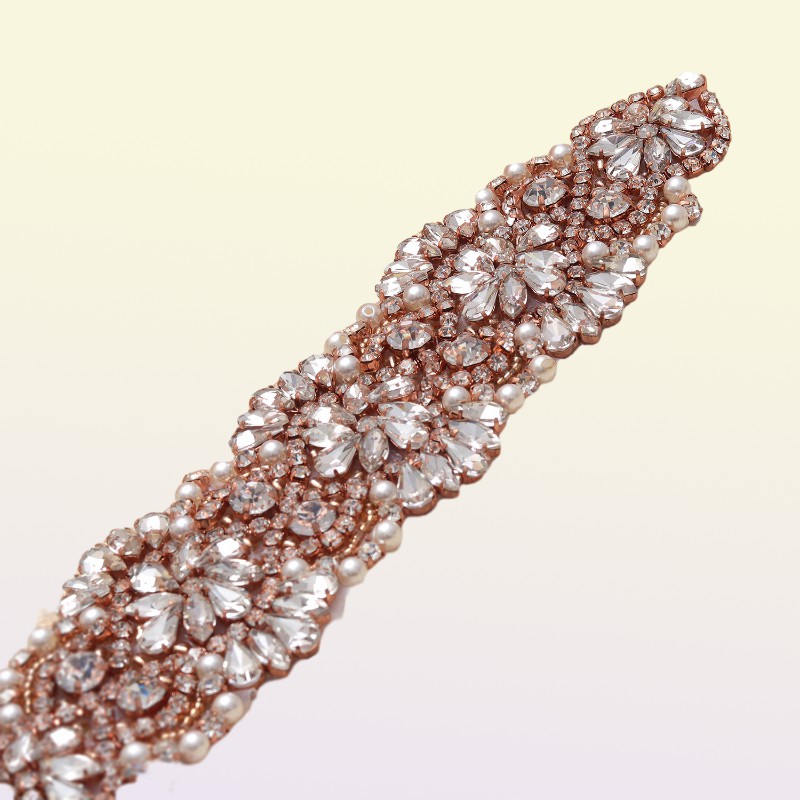 MissRDress Feminine Rose Gold Wedding Dress Belt Crystal Jeweled Ribbon Rhinestones Wedding Belt For Wedding Dresses YS832