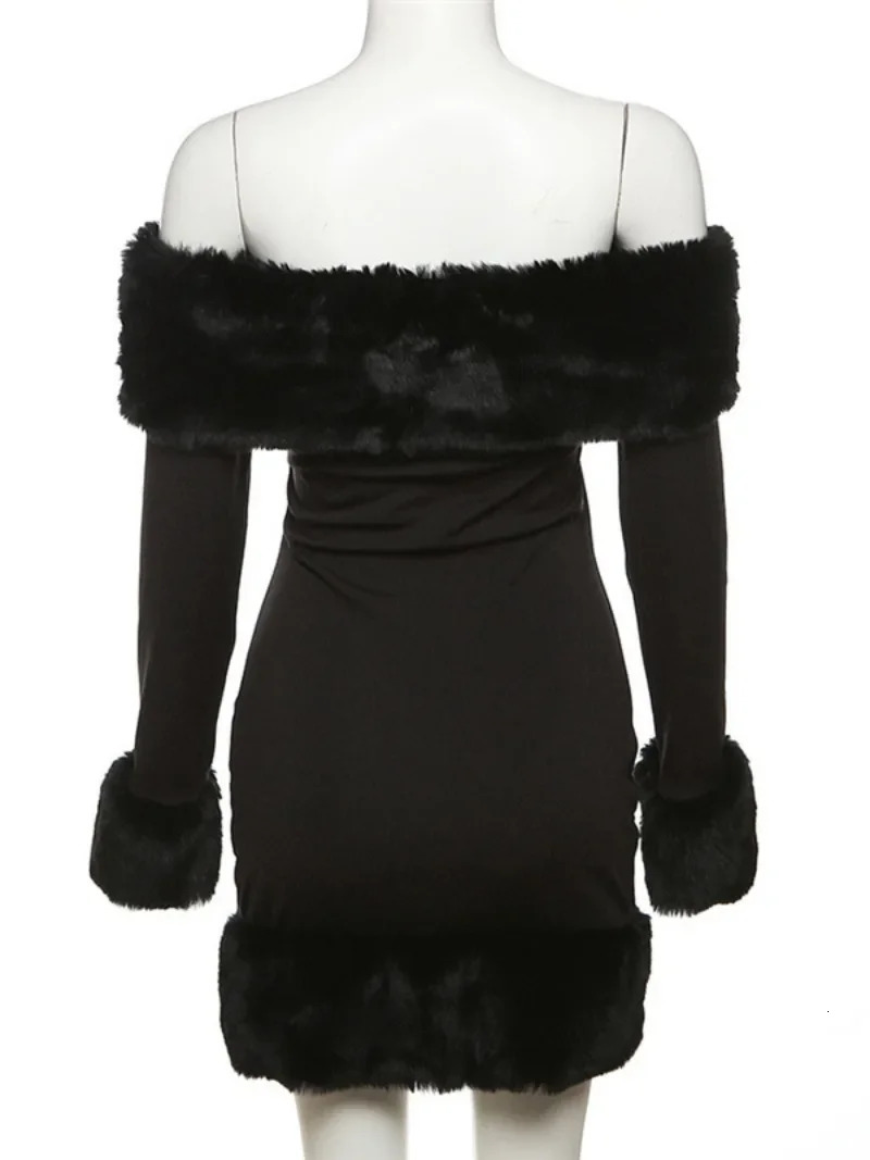 Off The Shoulder Bodycon - Sleek Black Short Dress with Faux Fur Detail, Long Sleeves, Ideal for Evening Parties C260312