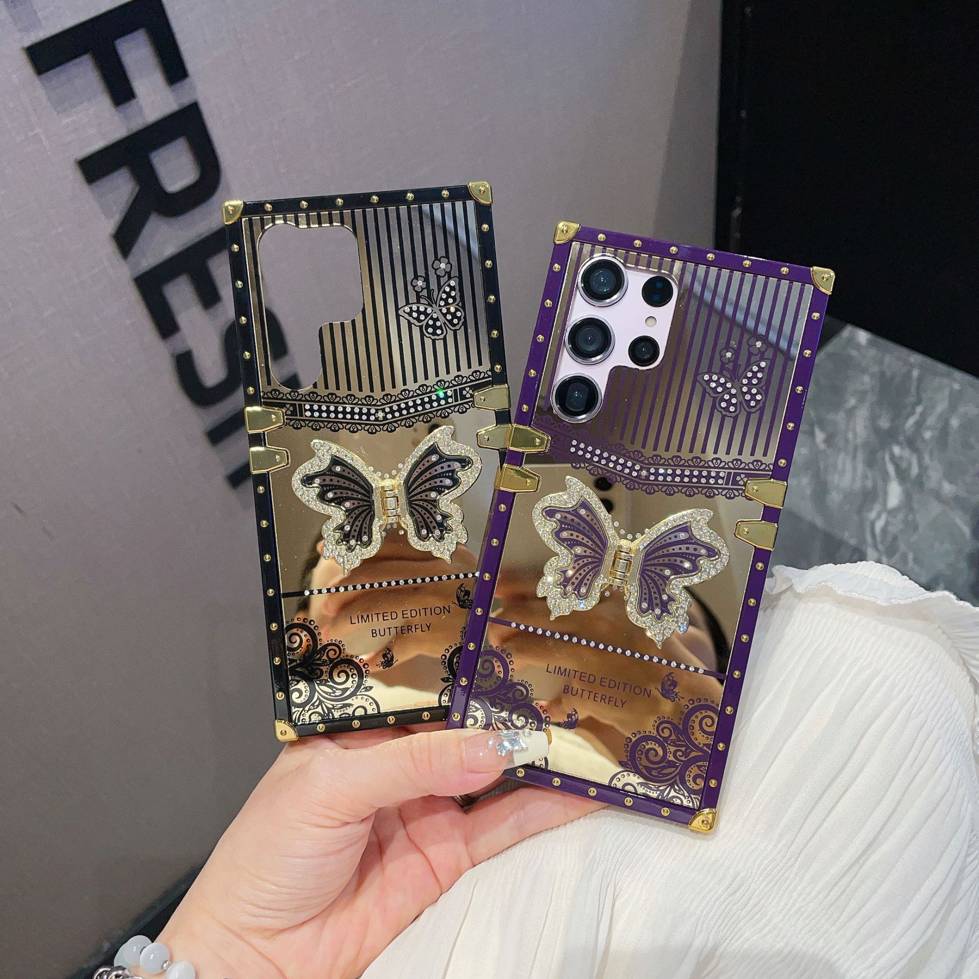 Luxury 3D Bling Diamond Butterfly Square Case Stand TPU Metal Corner Plating Mirror For Samsung S25 Ultra S24 FE S23 Plus S22 S21 A05 A05S A06 A16 A26