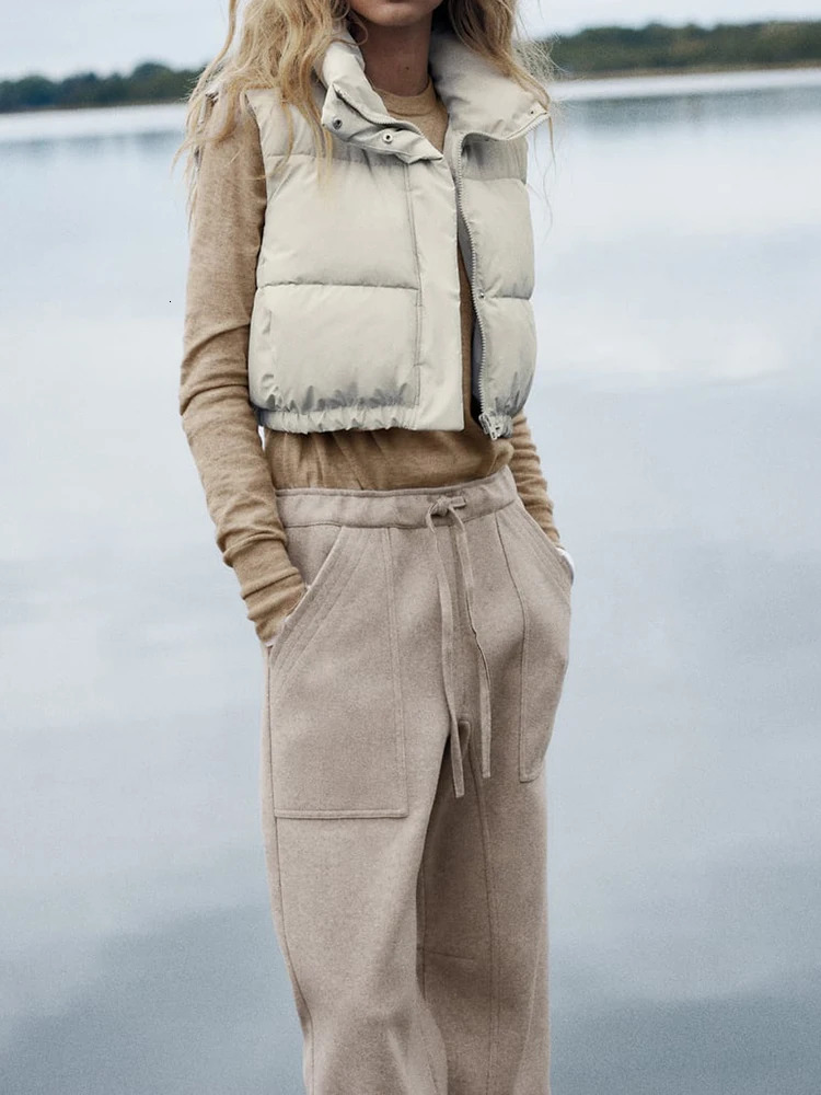 2024 Winter Autumn Cropped Vest with High Collar Front Hidden In seam Pockets Elastic Hem Zip and Snap Button Closure 231020
