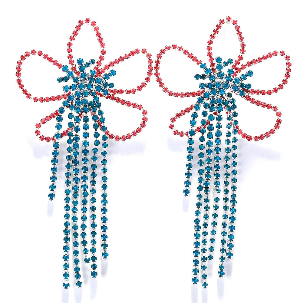 Dangle Chandelier Stonefans Exaggerated Colorful Flower Earrings Fashion Long Tassel Drop Earring for Festival Drag Queen Jewelry 231219
