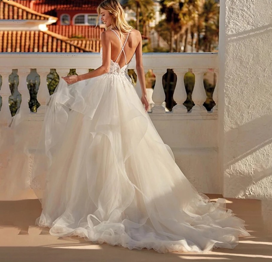 Vintage A-Line Wedding Dress Women 2024 Pleat Spaghetti Straps Lace Appliuqes Ruffles Tulle Bridal Bride Gown Vestido De Novia