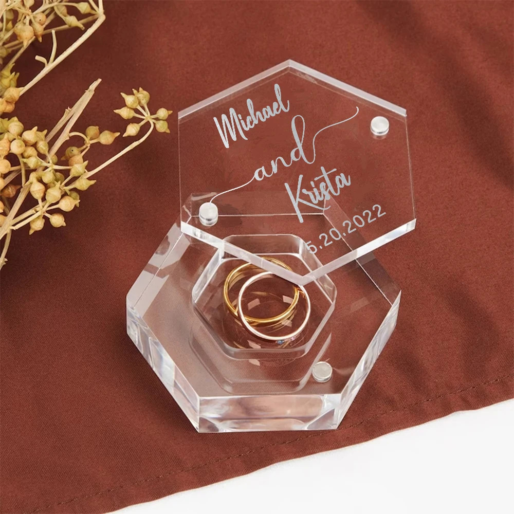 Jewelry Boxes Custom Acrylic Clear Hexagon Ring Box Personalized Engagement Wedding Ring Box Storage Wedding Decoration Bridal Gift 231219