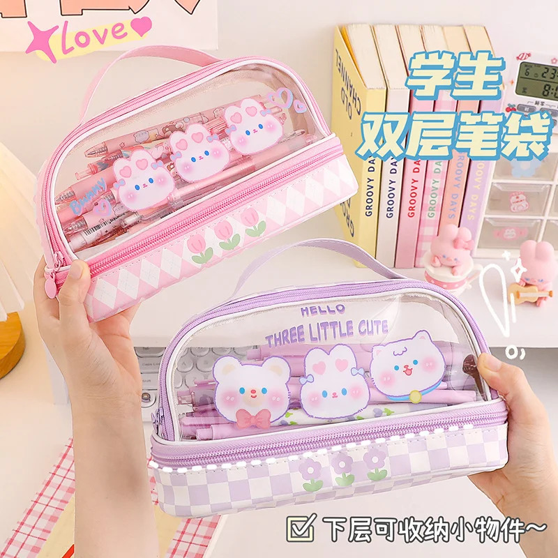 Portable Doublelayer Transparent Pencil Cases Pouch School Holsters Stationery Supplies Pretty Cute Korean Pencilcase Box Bag 231220
