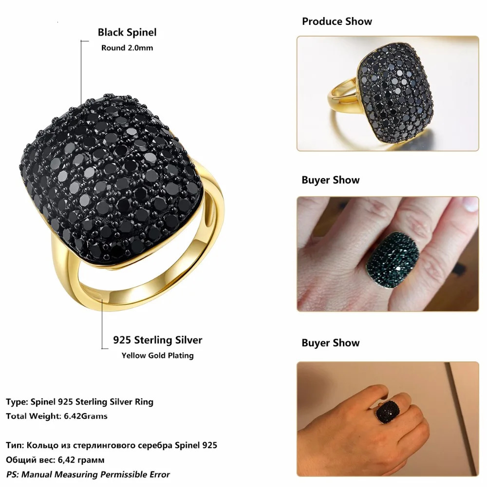 Wedding Rings HUTANG Yellow Gold Color Women's Cluster Ring Natural Gemstone Black Spinel 925 Sterling Silver Rings Fine Elegant Jewelry Gift 231