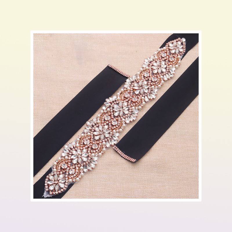 MissRDress Feminine Rose Gold Wedding Dress Belt Crystal Jeweled Ribbon Rhinestones Wedding Belt For Wedding Dresses YS832