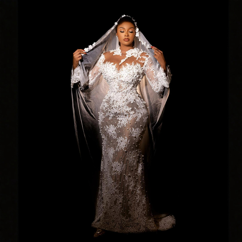 Plus Size Aso Ebi Wedding Dresses Mermaid Sheer Neck Long Sleeves Elegant Bridal Gowns African Black Women Lace Pearls Dress for Brides Illusion Gown 