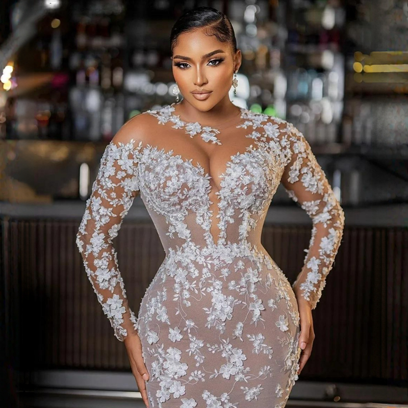 Size Aso Plus Ebi Wedding Dresses Mermaid Elegant Long Sleeves Sheer Neck Lace Beaded Dress For African Black Women With Detachable Train Bridal Gowns