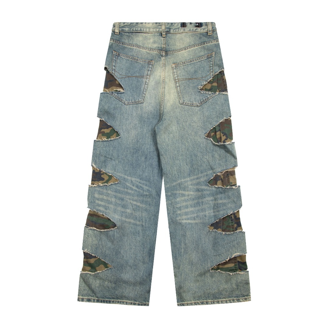 Original Bale Pants Loose Fit Casual Pants Straight Loose Jeans Men's Trousers Cut Hole Camouflage Double Layered Women Loose Wide Leg Jeans