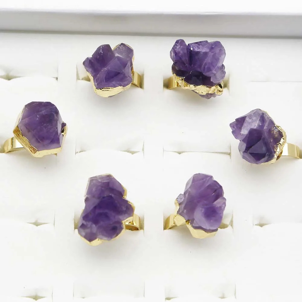 Band Rings Natural Stone Amethyst Irregular Opening Rings Cluster Rough Gold Plated Women Reiki Charm Healing Personality Jewelry Gift 8Pcs 231219