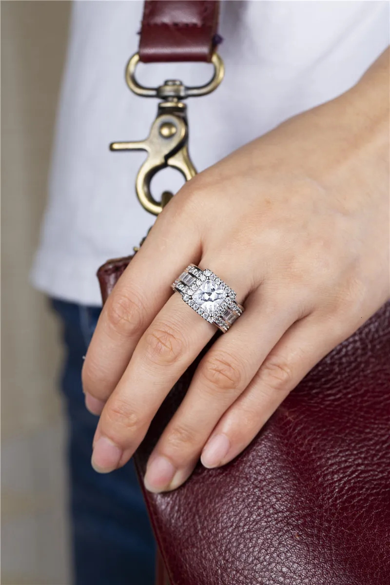 Wedding Rings Fashion 925 silver Womens 0.4" Wide Square Cluster Engagement 4ct Diamond Architecture Rings Simulated Platinum Bridal Jewelry 2312