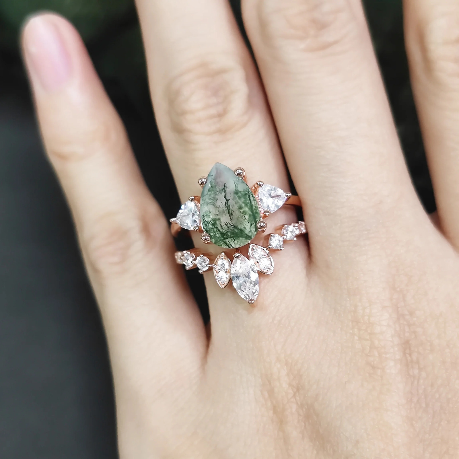 Wedding Rings GEM'S BALLLET Unique Natural Moss Agate Engagement Ring Set Vintage Cluster Wedding Ring 2pcs Green Moss Agate Bridal Ring 231219