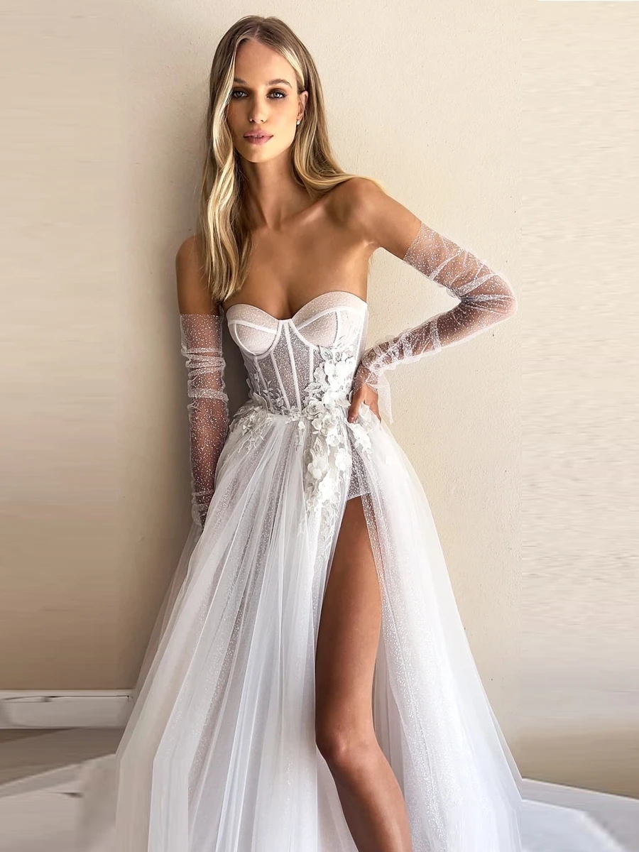 Sexy Boho A-Line Wedding Dress Women 2024 Sweetheart Corset Bodice Slit 3D Flower Lace Appliques Tulle Bridal Bride Gown Vestido De Novia