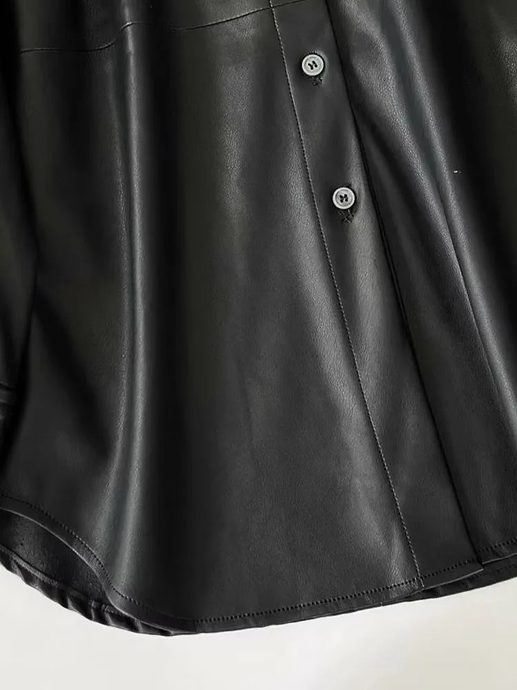 Women 2023 Autumn Fashion Casual Leather Shirt Jacket Retro Long Sleeve Chic Lar Button Stitching Top Outerwear Mujer 231220