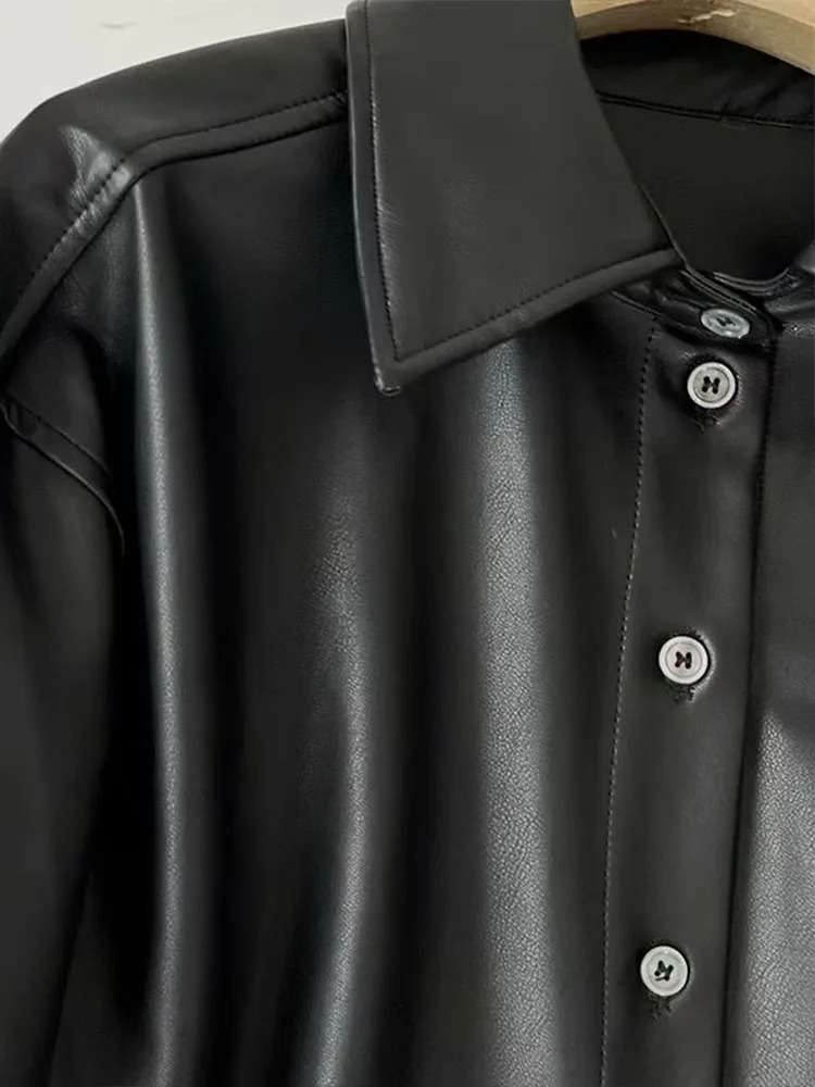Women 2023 Autumn Fashion Casual Leather Shirt Jacket Retro Long Sleeve Chic Lar Button Stitching Top Outerwear Mujer 231220