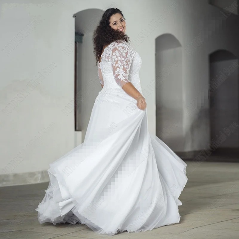 Plus Size A-Line Wedding Dress Women 2024 V-Neck 3/4 Sleeves Lace Appliques Tulle Bridal Bride Gown Boho Vestido De Novia