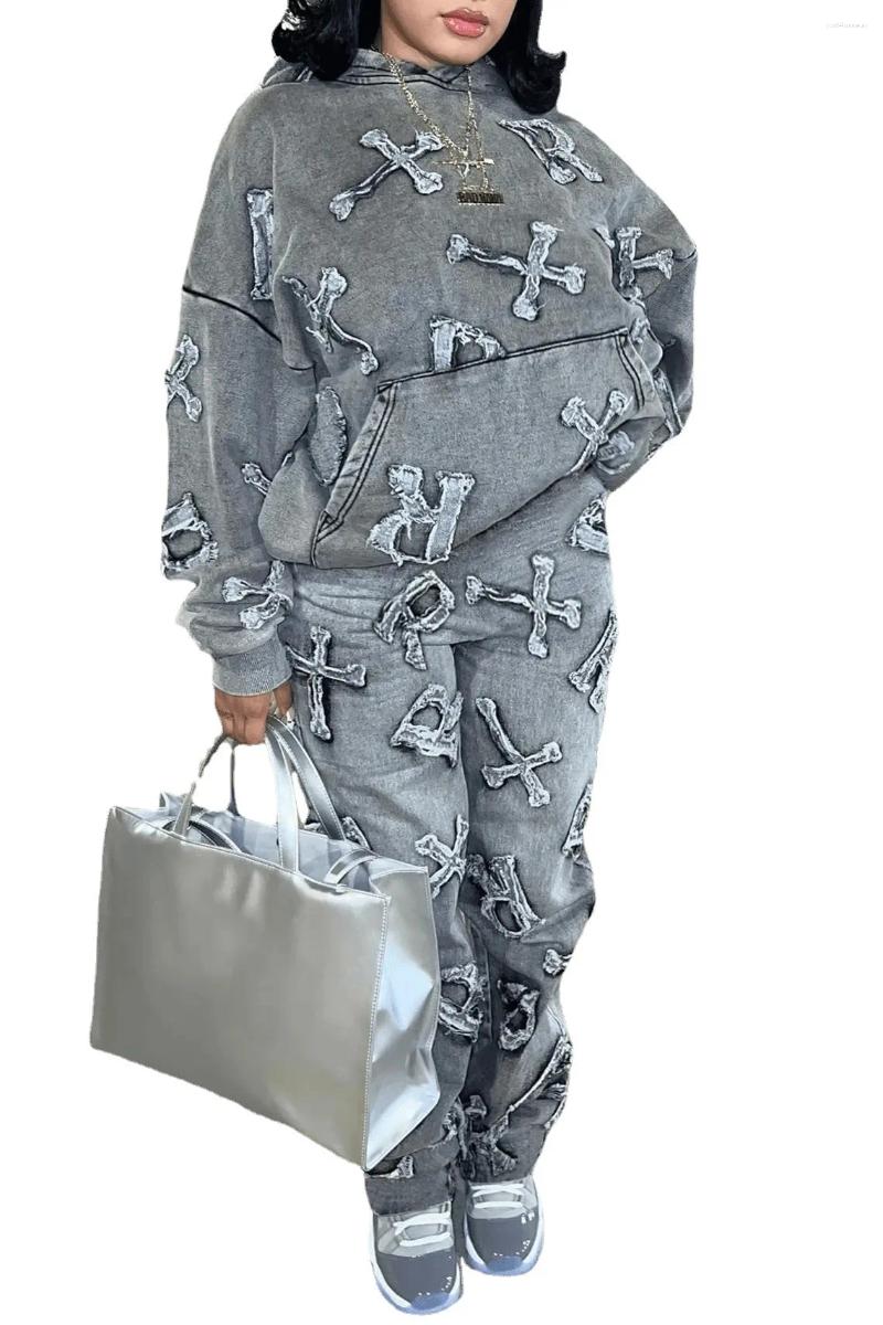 Ladies Two Piece Sets: Women's Long Sleeve Sweater & Pants Suit - Casual Autumn Print Pocket Design C260312