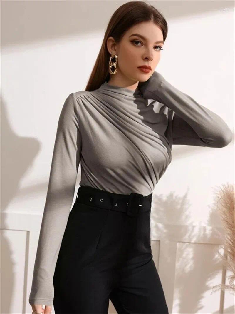 Womens T Shirts Fall Solid Long Sleeve Women T-shirt Casual Fashion Slim Folds Sheath Top Shirt Ladies Tees Elegant AAA Discount for in-store purchase