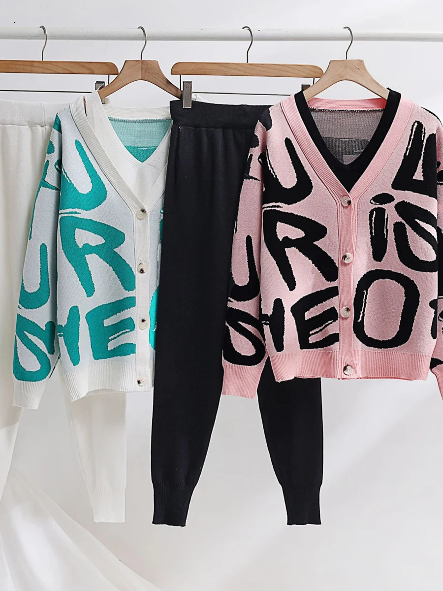 Women's Warm Tracksuit with Print Knitted Trousers Suit Button Up Oversize Cardigan Thick Two Piece Pants Set for Women Jumpsuit 231220
