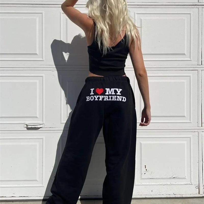 Women s Pants s I Love My Boyfriend Printed Sweatpants Y2k High Elastic Waist Drawstring Baggy Trousers Vintage Casual Loose Straight 231219