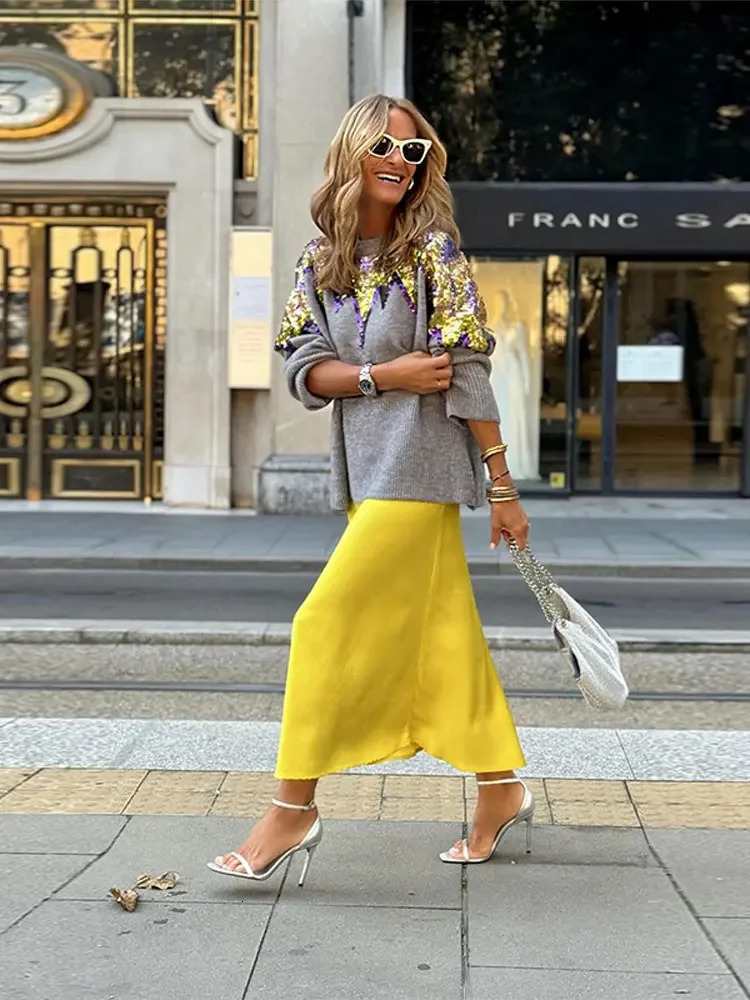 Colorful Sequins Long Sleeve Knitted Sweater Women O neck Loose Casual Pullover Jumper Fashion Female Street Club Party Knitwear 231220