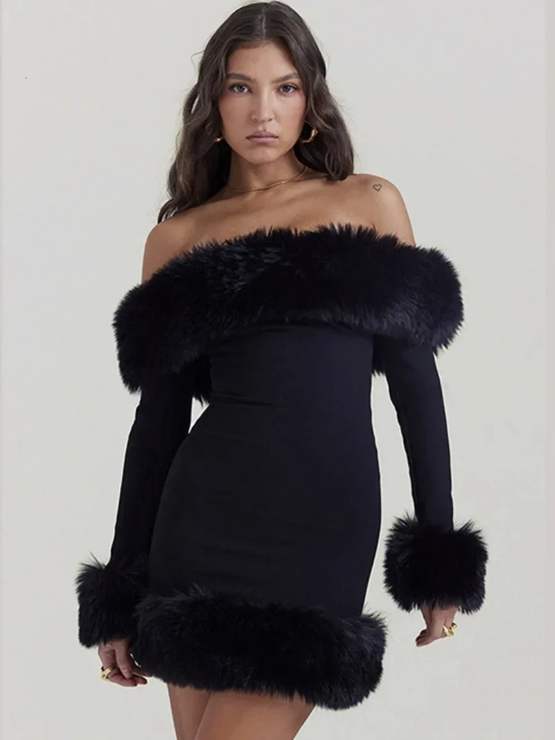 Off The Shoulder Bodycon - Sleek Black Short Dress with Faux Fur Detail, Long Sleeves, Ideal for Evening Parties C260312