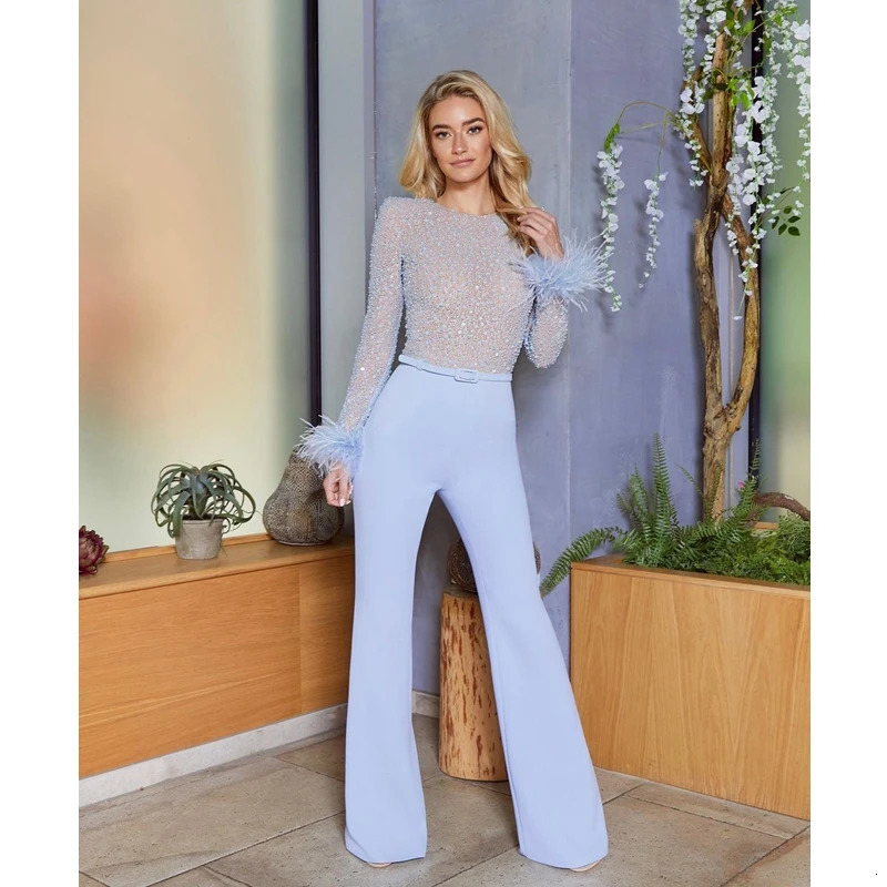 Basic Casual Dresses Elegant White Jumpsuit Women Slim Fit Straight Sequins Feather Stitching Long Sleeves Sexy Bodycon 231219