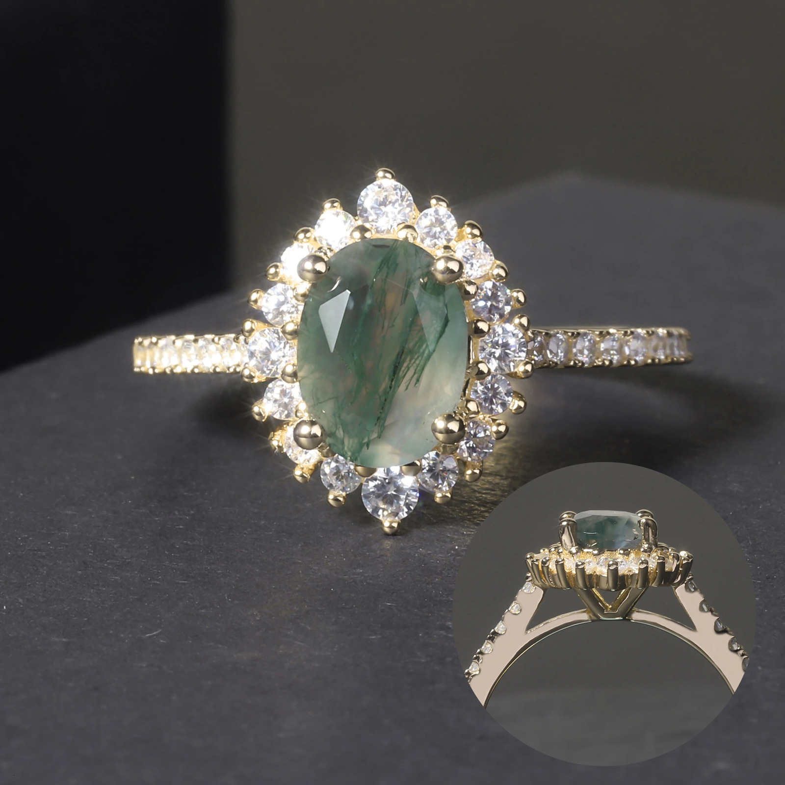 Wedding Rings GEM'S BALLET Women's Silver Ring 1.19CT 6X8mm Oval Cut Halo Pave Moss Agate Cluster Halo Engagement Rings in 925 Sterling Silv